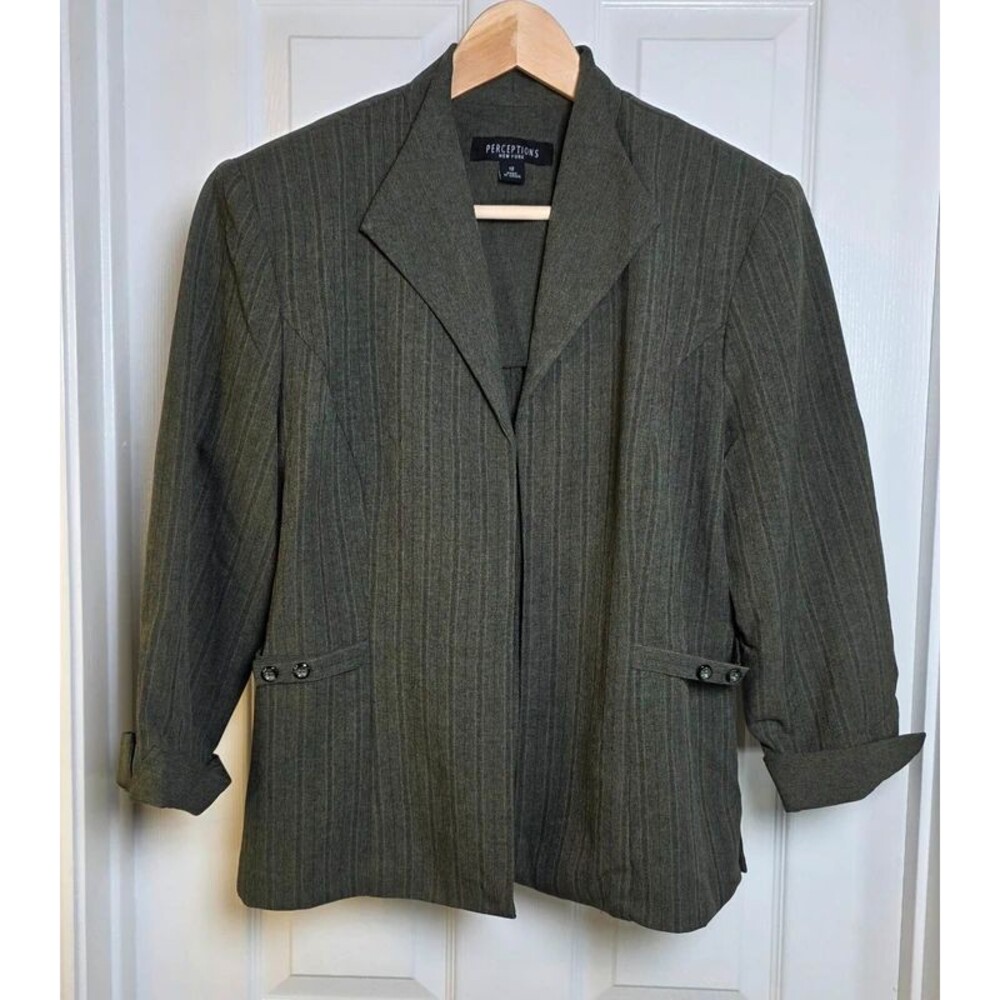 Vintage Perceptions New York Pinstripe Open-Front Blazer - Size 12 Olive Gray